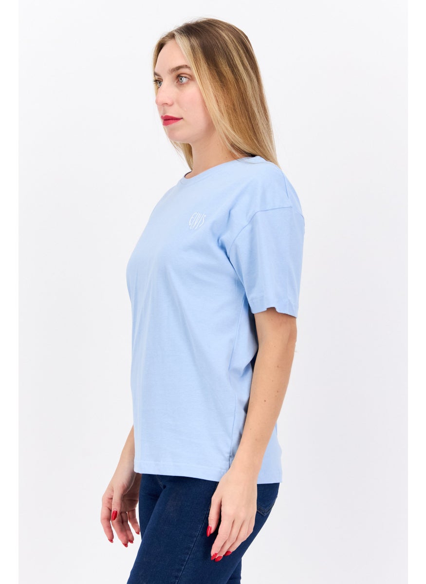ELVIS Women Round Neck Short Sleeve Embroidered Logo T-Shirt, Light Blue  - Image 3