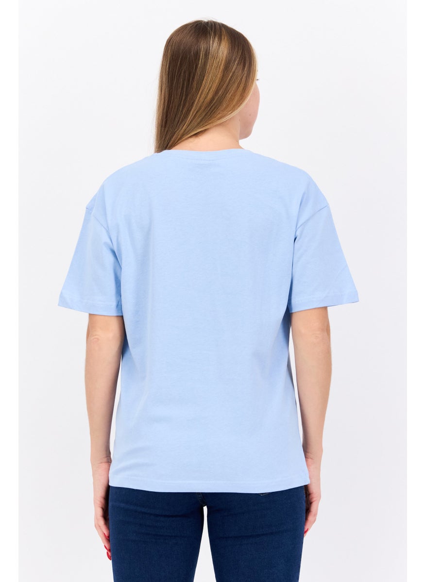 ELVIS Women Round Neck Short Sleeve Embroidered Logo T-Shirt, Light Blue  - Image 2