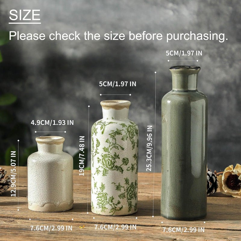 ooit Vintage Vase Set of 3, Ceramic Vintage Flower Vases, Chinoiserie Decorative Home Decor Retro Floral Vase Rustic Farmhouse Decor for Table Bookshelf Mantel Kitchen Living Room Office - Green and Beige - Image 2