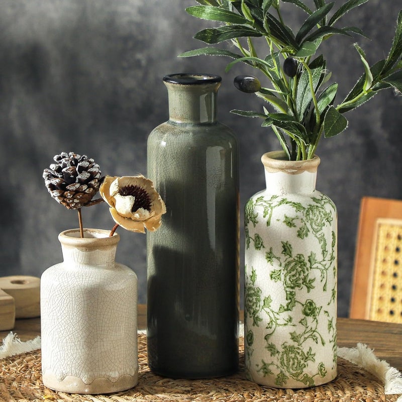 ooit Vintage Vase Set of 3, Ceramic Vintage Flower Vases, Chinoiserie Decorative Home Decor Retro Floral Vase Rustic Farmhouse Decor for Table Bookshelf Mantel Kitchen Living Room Office - Green and Beige - Image 1