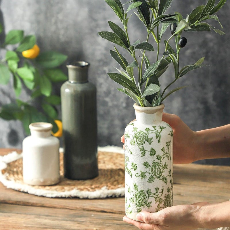 ooit Vintage Vase Set of 3, Ceramic Vintage Flower Vases, Chinoiserie Decorative Home Decor Retro Floral Vase Rustic Farmhouse Decor for Table Bookshelf Mantel Kitchen Living Room Office - Green and Beige - Image 3