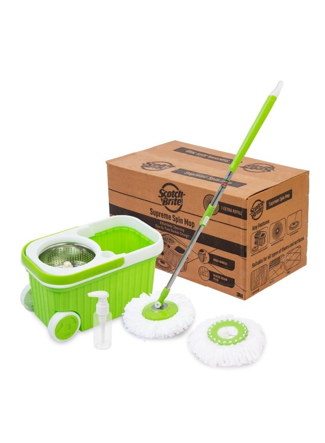 Scotch Brite Scotch-Brite Twin Bucket Spin Mop with Easy Wring & Rinse System, 360° Adjustable Handle, High Absorbency Microfiber for Deep Cleaning on All Floor Types, 1 Extra Refill (Green)