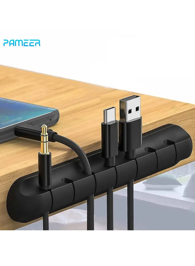 PAMEER 7-Hole Black Cable Organizer, Desktop Cable Organiser For Fixing Wires Data Cables Without Punching Holes, Wire Clips Holder Network Cable Clamps Power Cord And Charging Cables, Self-adhesive Tools - Image 1