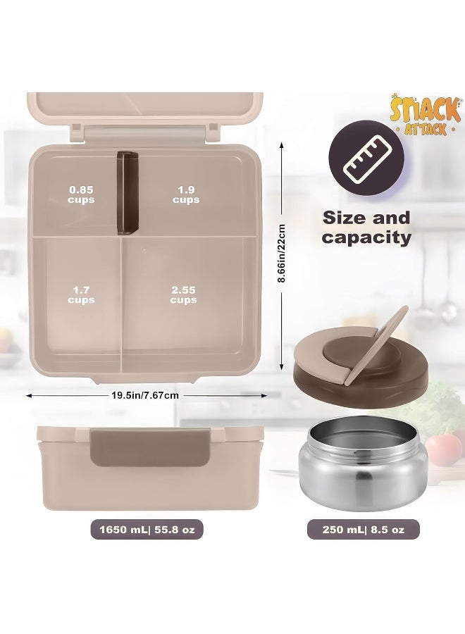 Snack attack Bento Lunch Box for Kids school with 9.7oz Soup thermos, Leak-proof Lunch Containers with 5 Compartment, thermos Food Jar, Food Containers for School (Cream Brown Construction)  - Image 3