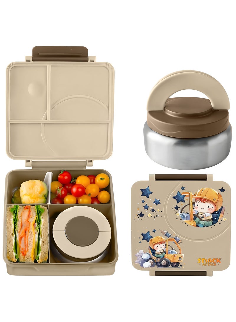Snack attack Bento Lunch Box for Kids school with 9.7oz Soup thermos, Leak-proof Lunch Containers with 5 Compartment, thermos Food Jar, Food Containers for School (Cream Brown Construction)  - Image 1