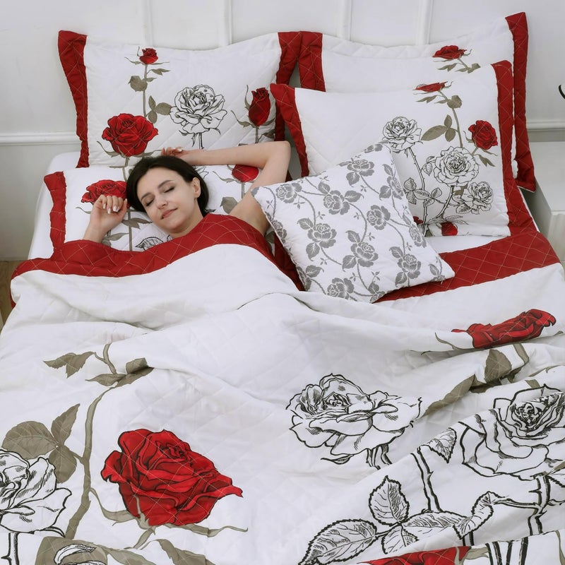 EVENHUG Quilt Queen Size Red Rose Bedding Set Floral Bedspread Lightweight Reversible Bed Cover with 2 Pillow Shams for All Seasons 3 Pieces (92"X96") - Image 5