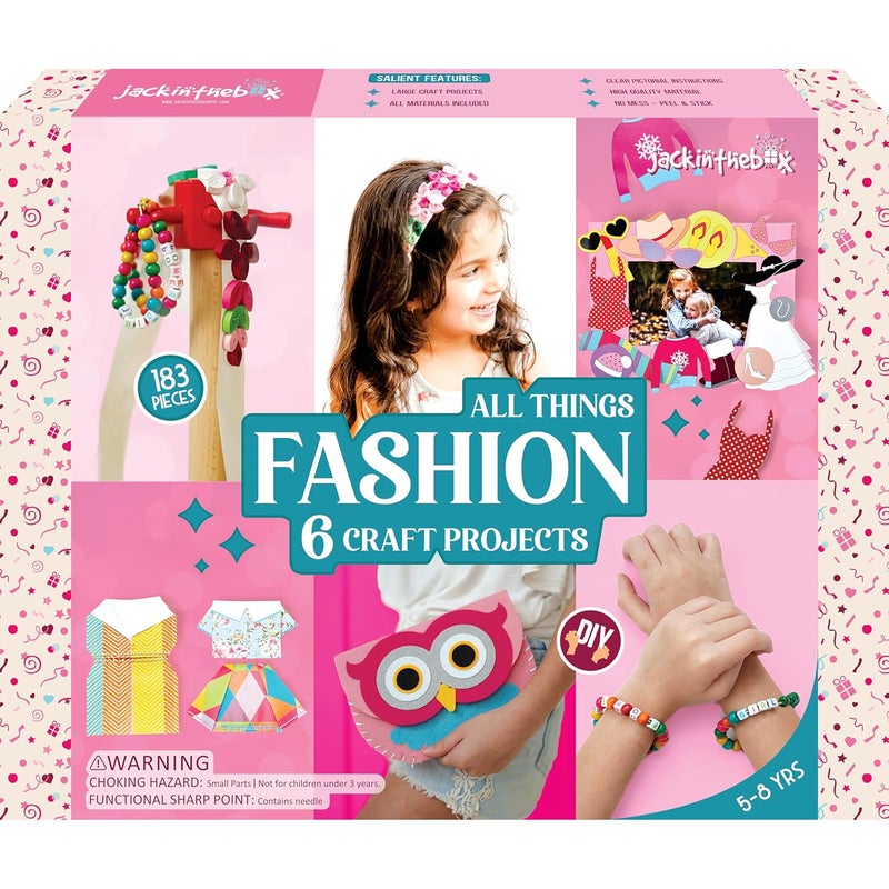jackinthebox Fashion Themed Art and Craft Kit for Girls, 6 Craft Projects in 1 Box, Best Girl Gift for Ages 6 7 8 9 10 Years, Includes Beautiful Felt and Foam Embellishments (Little Fashionista 6-in-1) - Image 1