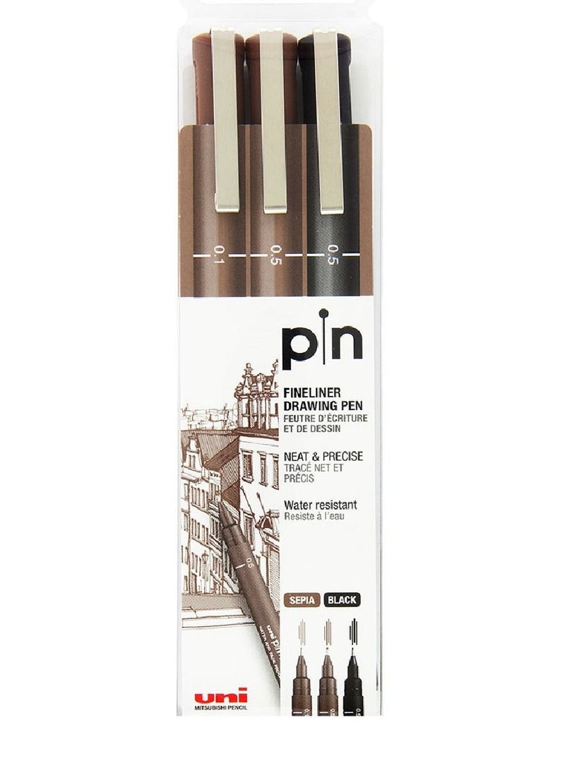 Uniball 3-Piece Unipin Fineliner Drawing Pens Black and Sepia Ink - Image 1