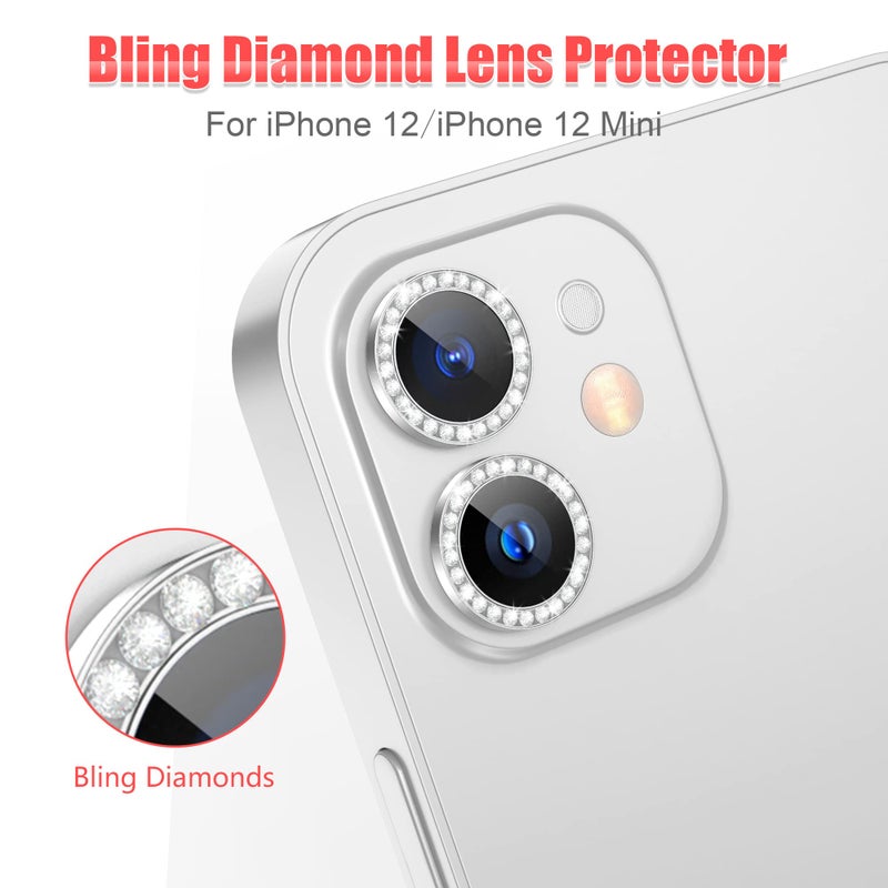 AGVEE 3+3 6 Pack for iphone 12 Pro/12/12 Mini/11 Pro Max/11 Pro/11 Camera Lens Protector, Bling Diamond & Bling Glitter Metal Ring 9H Tempered HD Glass Camera Cover, Bling-Silver - Image 3