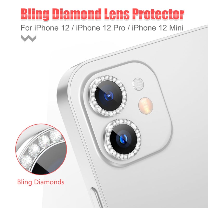 AGVEE 3+3 6 Pack for iphone 12 Pro/12/12 Mini/11 Pro Max/11 Pro/11 Camera Lens Protector, Bling Diamond & Bling Glitter Metal Ring 9H Tempered HD Glass Camera Cover, Bling-Silver - Image 4