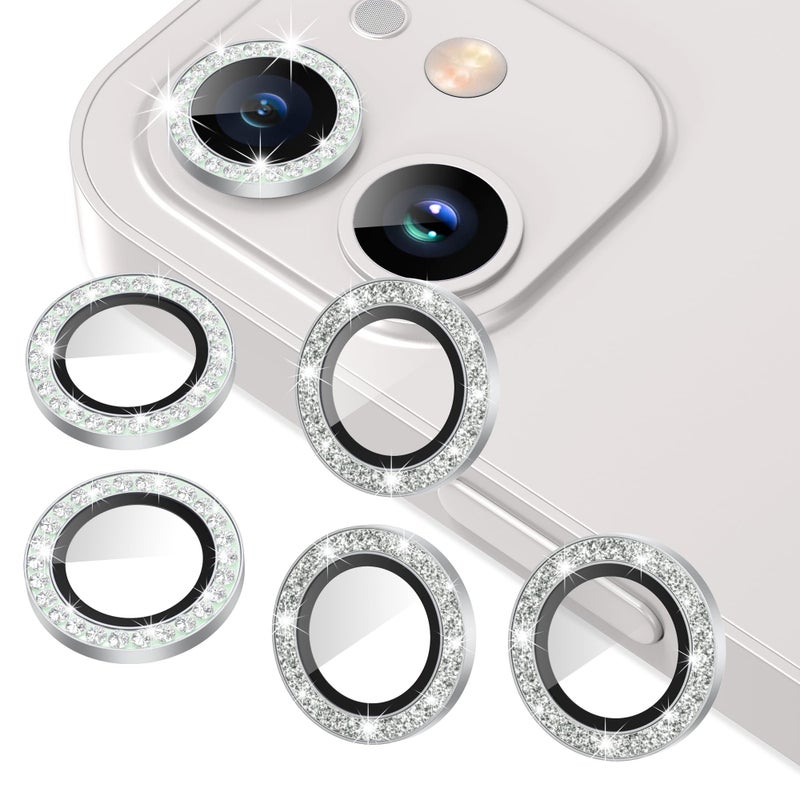 AGVEE 3+3 6 Pack for iphone 12 Pro/12/12 Mini/11 Pro Max/11 Pro/11 Camera Lens Protector, Bling Diamond & Bling Glitter Metal Ring 9H Tempered HD Glass Camera Cover, Bling-Silver - Image 1