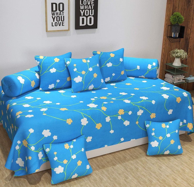 SpangleHomes Glace Cotton Yellow Flowers Diwan Set - Soft Bedsheet With 5 Cushion and 2 Booster Covers (Blue, XL, Bedsheet: 60 X 90 Inches, Cushion: 16x 16 Inches) - 8 Pieces - Image 1