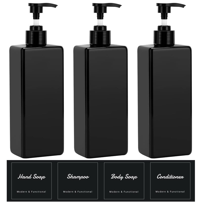Suream Suream Shampoo and Conditioner Dispenser Set 3Pack 169oz Bathroom Countertop Soap Bottle with 4PCS lables Plastic Refillable Dispenser with Pump for Kitchen Office Travel Resturant Black 
