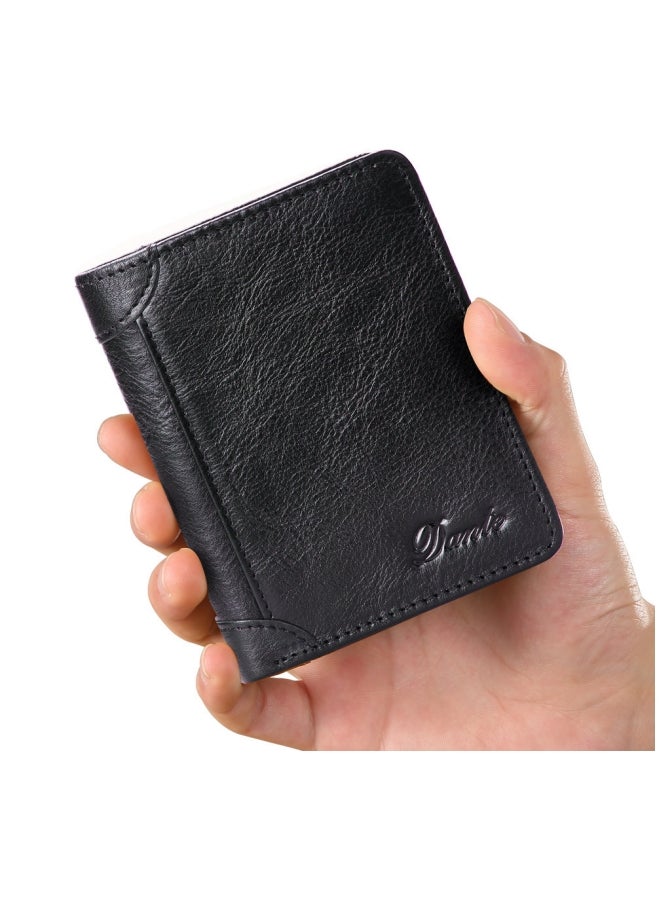 Men's Wallet, Top Layer Cowhide, Three Sides, Men's Wallet, RFID Anti-theft Card Swipe, Retro Black