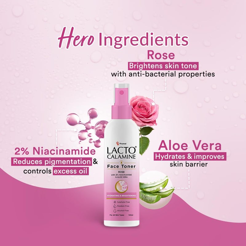 Lacto Calamine Lacto Calamine Rose Water Toner For Glowing Skin120ml Each Pack of 2 Gulab Jal Face TonerRosewater Aloe Vera 2 Niacinamide Cleanses Hydrates Moisturises SkinNo SulphateAlcohol Parabens - Image 3