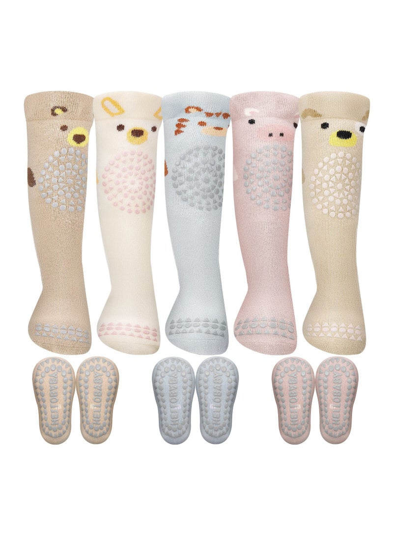 5 Pairs Knee High Toddler Grip Socks, Non Slip Baby Crawling Socks Anti Skid Crawling Newborn Socks for Boy Girl Infant, baby protection socks, 5 Colors - Image 1