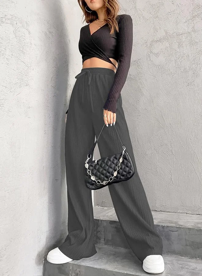 Take Two Take Two Women Grey Textured Drawstring Waist Wide Leg Pants