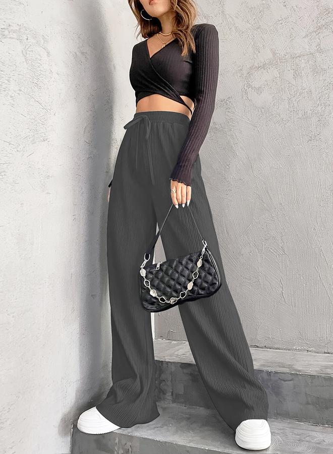 Take Two Women Grey Textured Drawstring Waist Wide Leg Pants - Image 5