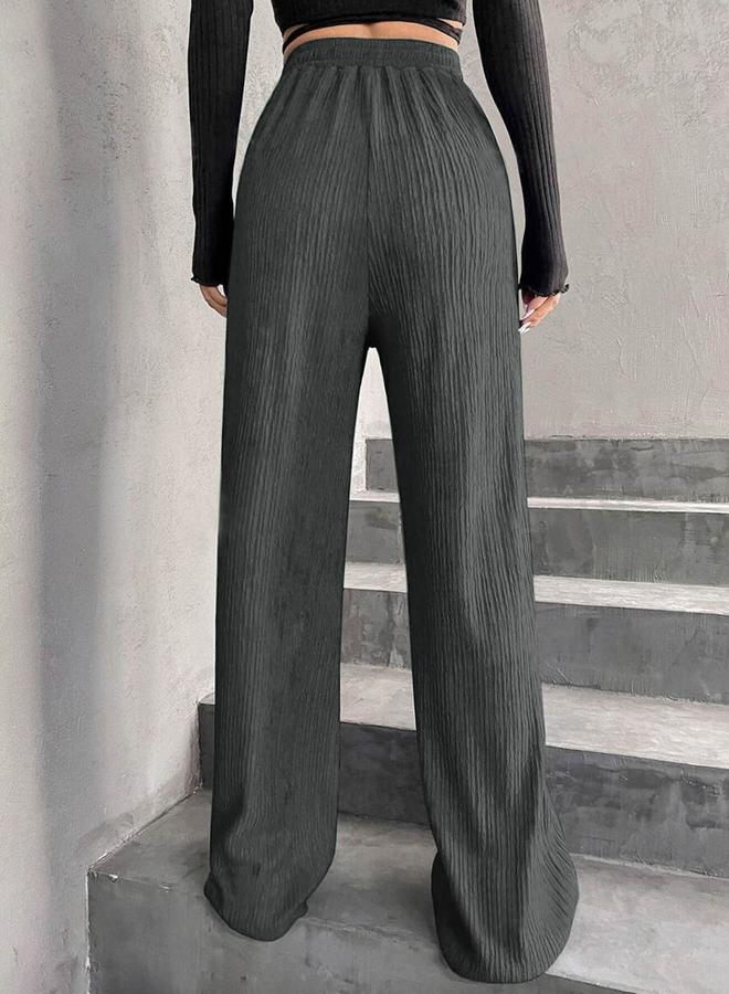 Take Two Women Grey Textured Drawstring Waist Wide Leg Pants - Image 3