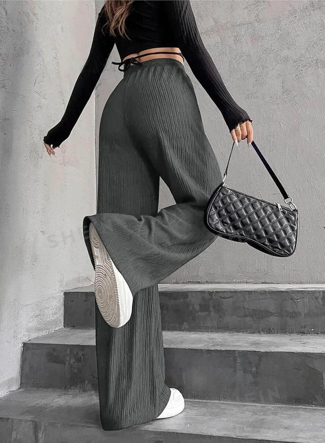 Take Two Take Two Women Grey Textured Drawstring Waist Wide Leg Pants