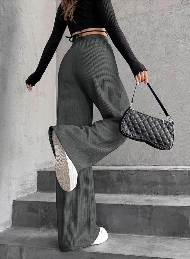 Take Two Women Grey Textured Drawstring Waist Wide Leg Pants - Image 4