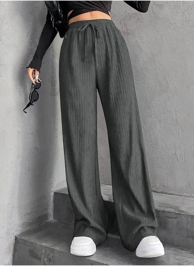 Take Two Take Two Women Grey Textured Drawstring Waist Wide Leg Pants