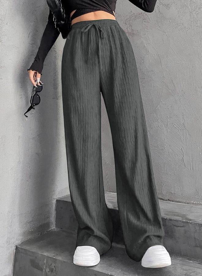 Take Two Women Grey Textured Drawstring Waist Wide Leg Pants - Image 2