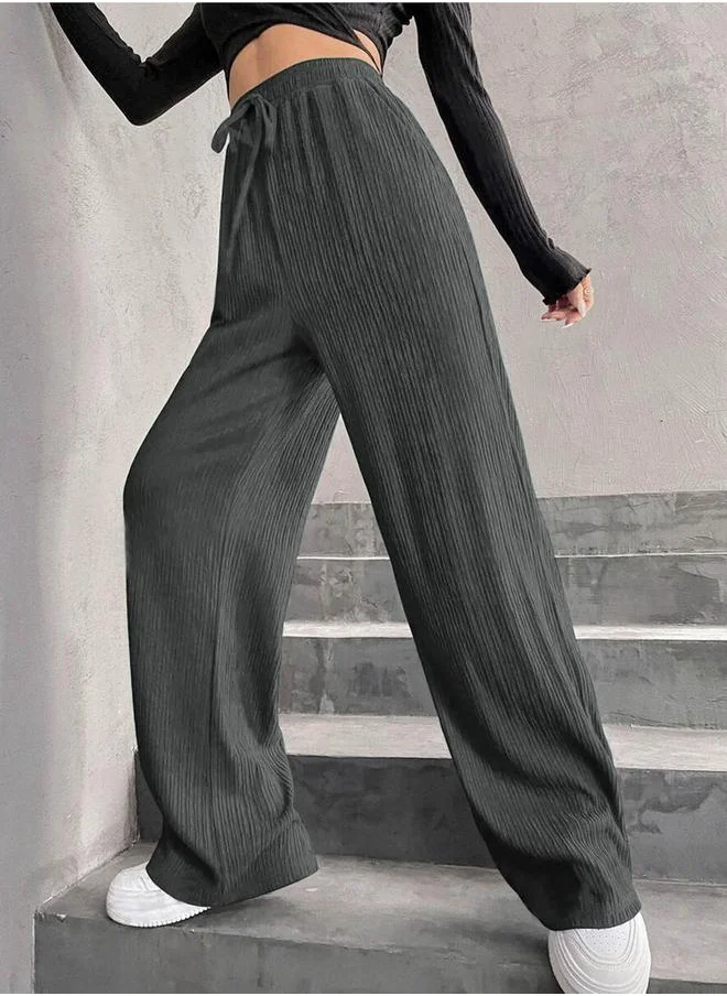 Take Two Take Two Women Grey Textured Drawstring Waist Wide Leg Pants