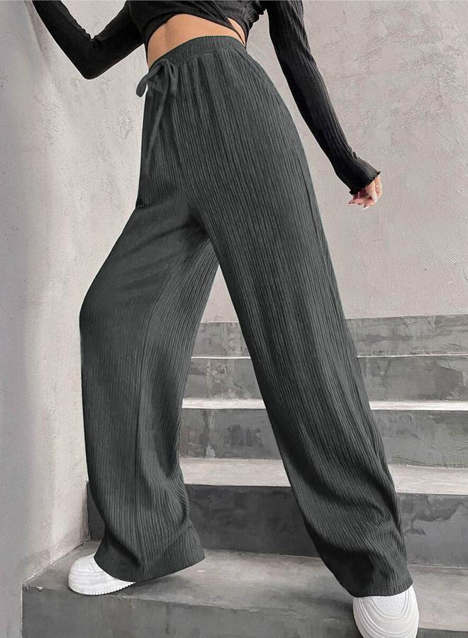 Take Two Women Grey Textured Drawstring Waist Wide Leg Pants - Image 1