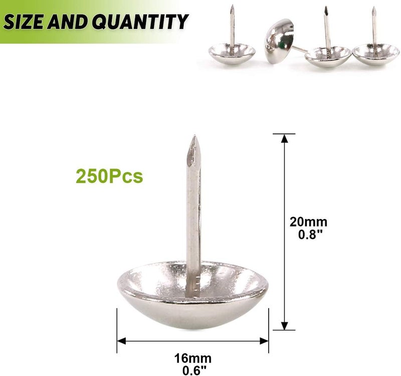 Keadic 250Pcs 5/8" (16mm) Antique Upholstery Tacks Furniture Nails Pins Assortment Kit for Upholstered Furniture Cork Board or DIY Projects - Silver - Image 2