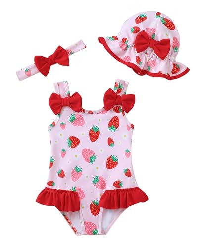 SODLON Baby Girl Swimsuit 6-12 Month Infant One-Piece Bathing Suit Cute Ruffle Bow Swimwear with Hat & Headband Summer Tankini Bikini Baby Beach Essentials Pink Strawberry - Image 1