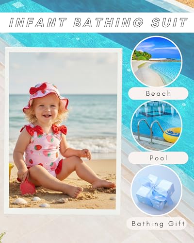 SODLON Baby Girl Swimsuit 6-12 Month Infant One-Piece Bathing Suit Cute Ruffle Bow Swimwear with Hat & Headband Summer Tankini Bikini Baby Beach Essentials Pink Strawberry - Image 4