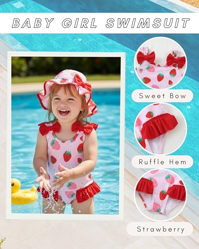 SODLON Baby Girl Swimsuit 6-12 Month Infant One-Piece Bathing Suit Cute Ruffle Bow Swimwear with Hat & Headband Summer Tankini Bikini Baby Beach Essentials Pink Strawberry - Image 3