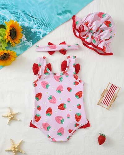 SODLON Baby Girl Swimsuit 6-12 Month Infant One-Piece Bathing Suit Cute Ruffle Bow Swimwear with Hat & Headband Summer Tankini Bikini Baby Beach Essentials Pink Strawberry - Image 2