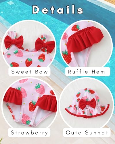 SODLON Baby Girl Swimsuit 6-12 Month Infant One-Piece Bathing Suit Cute Ruffle Bow Swimwear with Hat & Headband Summer Tankini Bikini Baby Beach Essentials Pink Strawberry - Image 5