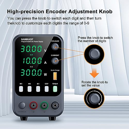 NANKADF DC Power Supply, 30V 10A Bench Power Supply with Memory Storage & Recall，Variable Power Suppy with Encoder Adjustment Knob, 5V/3.6A USB Quick-Charge & OCP Short Circuit Alarm (0-30v 0-10a) - Image 2