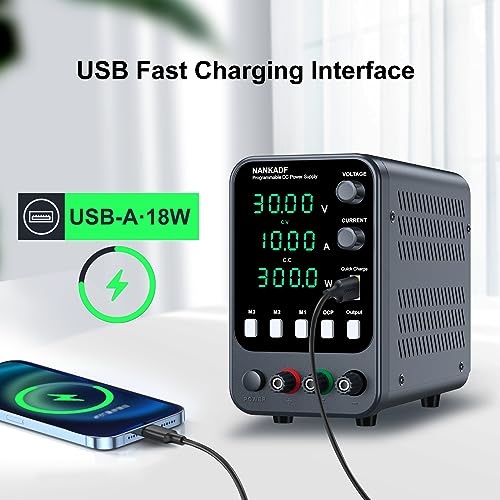 NANKADF DC Power Supply, 30V 10A Bench Power Supply with Memory Storage & Recall，Variable Power Suppy with Encoder Adjustment Knob, 5V/3.6A USB Quick-Charge & OCP Short Circuit Alarm (0-30v 0-10a) - Image 5