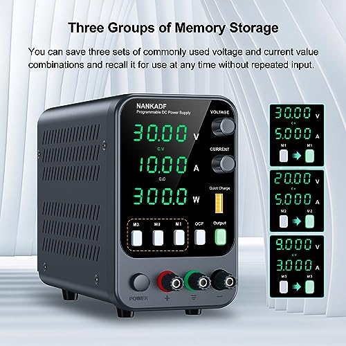 NANKADF DC Power Supply, 30V 10A Bench Power Supply with Memory Storage & Recall，Variable Power Suppy with Encoder Adjustment Knob, 5V/3.6A USB Quick-Charge & OCP Short Circuit Alarm (0-30v 0-10a) - Image 3