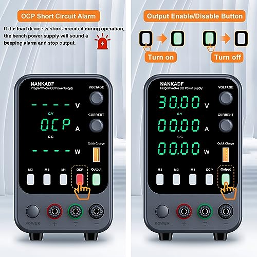 NANKADF DC Power Supply, 30V 10A Bench Power Supply with Memory Storage & Recall，Variable Power Suppy with Encoder Adjustment Knob, 5V/3.6A USB Quick-Charge & OCP Short Circuit Alarm (0-30v 0-10a) - Image 4