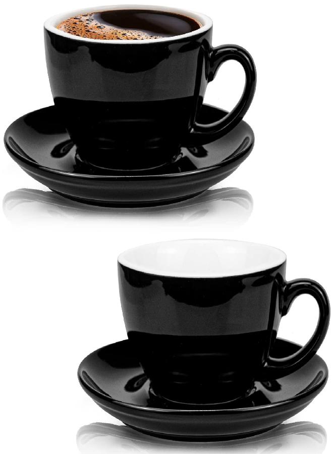 Yesland 2 Pack 10 oz Coffee Cup and Saucer, Ceramic Glossy Black Cappuccino Cups with Saucers for Coffee Shop and Barista, Perfect for Specialty Coffee Drinks, Latte, Cafe Mocha and Tea - Image 1