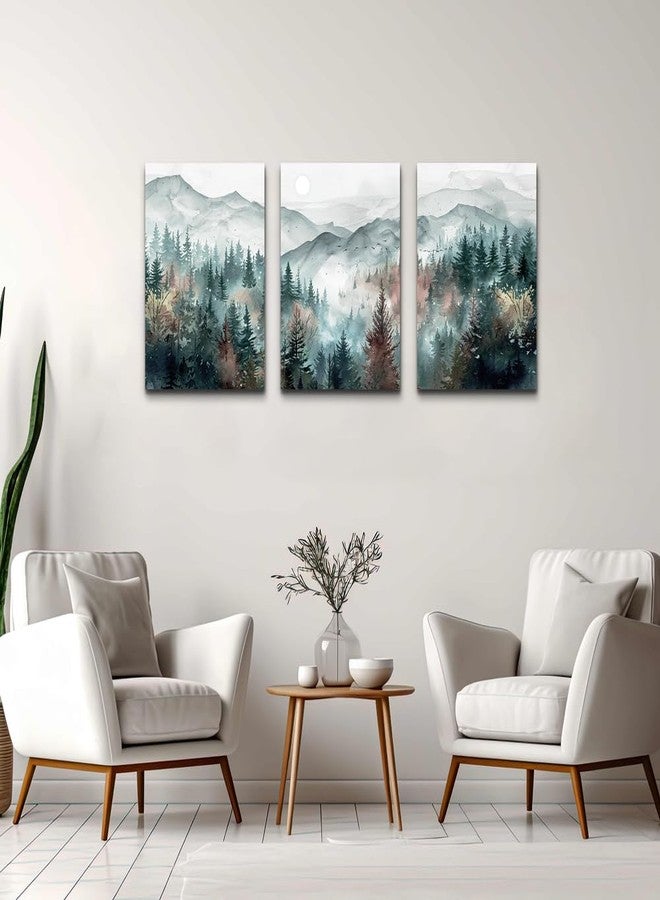 TTHYUEWS Farmhouse Wall Art For Bedroom Wall Decor For Living Room Wall Pictures for Office Fog Forest Mountain Landscape Watercolour Painting Artwork Modern Home Decorations Ready To Hang 3 Piece - Image 3