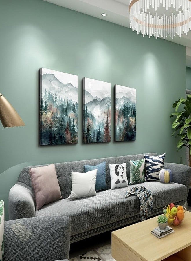 TTHYUEWS Farmhouse Wall Art For Bedroom Wall Decor For Living Room Wall Pictures for Office Fog Forest Mountain Landscape Watercolour Painting Artwork Modern Home Decorations Ready To Hang 3 Piece - Image 2