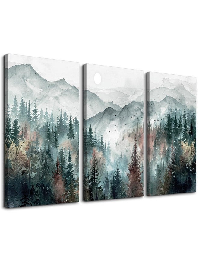 TTHYUEWS Farmhouse Wall Art For Bedroom Wall Decor For Living Room Wall Pictures for Office Fog Forest Mountain Landscape Watercolour Painting Artwork Modern Home Decorations Ready To Hang 3 Piece - Image 1