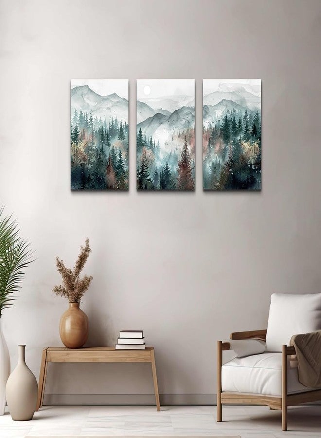 TTHYUEWS Farmhouse Wall Art For Bedroom Wall Decor For Living Room Wall Pictures for Office Fog Forest Mountain Landscape Watercolour Painting Artwork Modern Home Decorations Ready To Hang 3 Piece - Image 5