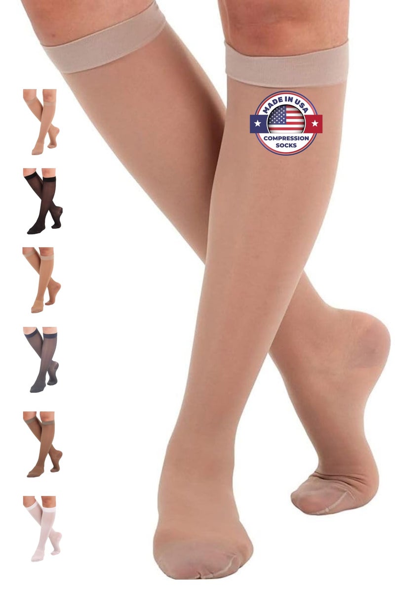 ABSOLUTE SUPPORT Made in USA Sheer Compression Socks for Women 15-20 mmHg - Support Hose Knee High Stockings, Nude, Medium - Image 1