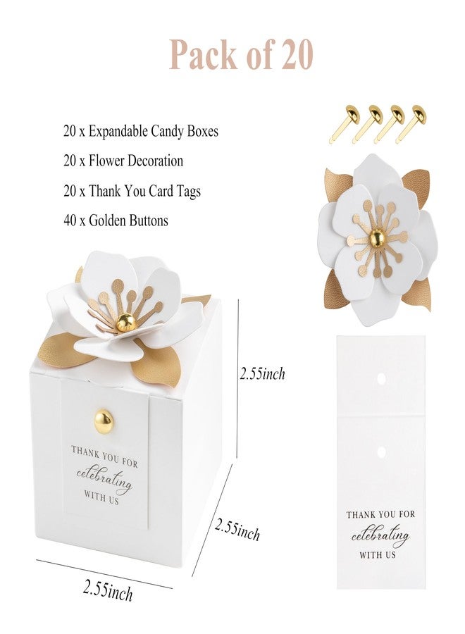 FEIYI 20 PCS Candy Boxes, 3 In 1 White Favor Boxes With Floral Decor, White Thank You Tags Gift Wrapping For Wedding Birthday Baby Shower Decorations Party -2.55x2.55x2.55'' - Image 2