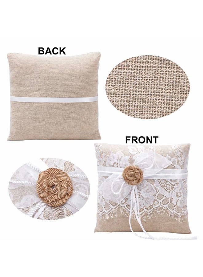 Amajoy Vintage Rustic Burlap Lace Wedding Ring Pillow 7.5 inch x 7.5 inch - Image 5
