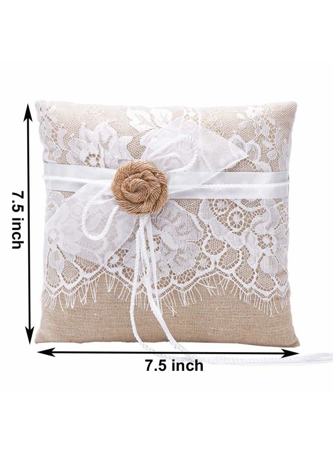 Amajoy Vintage Rustic Burlap Lace Wedding Ring Pillow 7.5 inch x 7.5 inch - Image 2