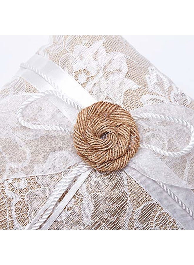 Amajoy Vintage Rustic Burlap Lace Wedding Ring Pillow 7.5 inch x 7.5 inch - Image 3