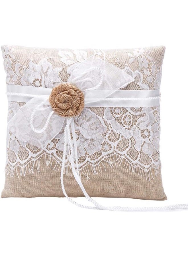 Amajoy Vintage Rustic Burlap Lace Wedding Ring Pillow 7.5 inch x 7.5 inch - Image 1